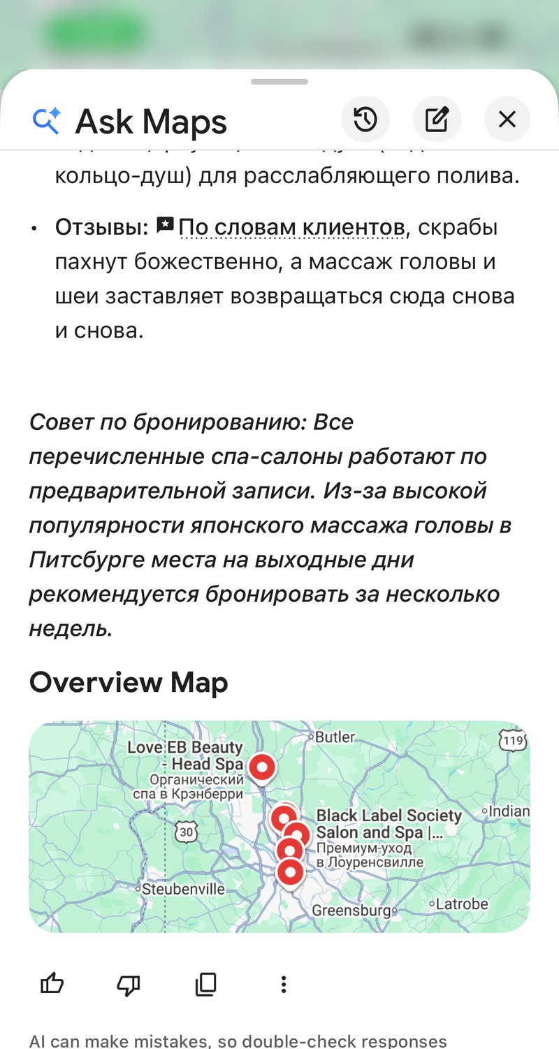 Блок Overview Map в конце ответа Ask Maps: карта с пинами мест и короткими подписями-фактами под названиями