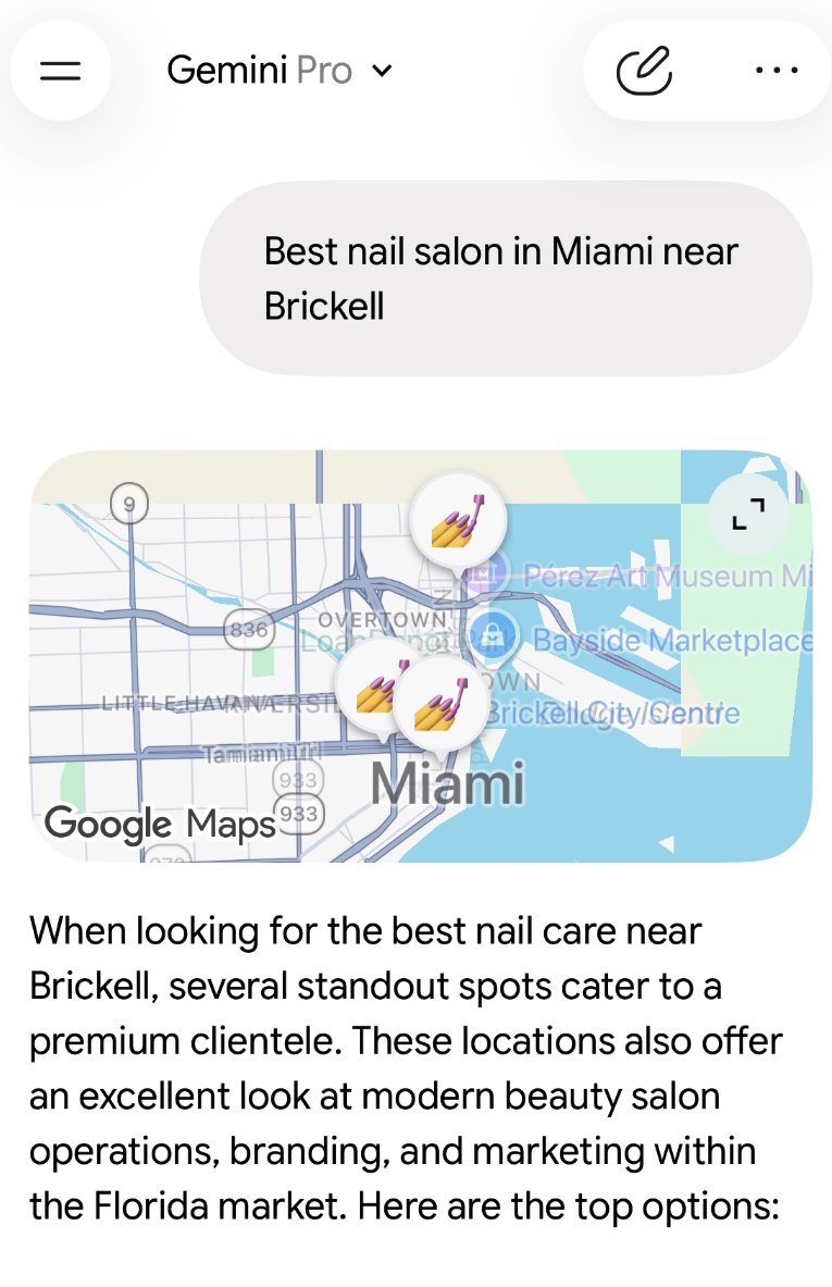 Gemini answer for 'best nail salon in Miami near Brickell' with a Google Maps panel and salon recommendations